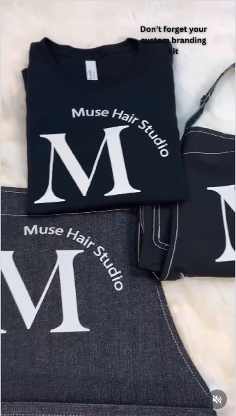 Muse Hair Studio branded folded tees, apron and denim apron