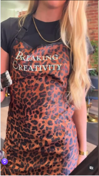 Breaking Creativity branded leopard-print stylist apron